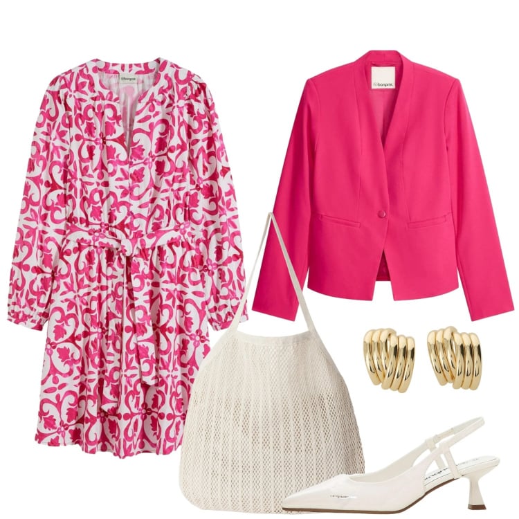 Outfit donna - Mood pink. Stile Bon Ton per Tutti i giorni. Abbinamento con décolleté, blazer, vestiti corti, shopping bag, orecchini.