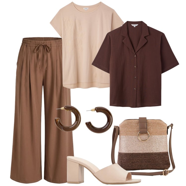 Outfit donna - Tempo libero in leggerezza. Stile Casual per Tutti i giorni. Abbinamento con borse a tracolla, orecchini, sandali col tacco, t-shirt, pantaloni, camicie a manica corta.