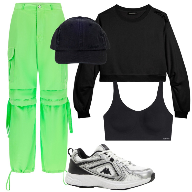 Outfit donna - Fitness. Stile Sporty chic per Sport. Abbinamento con reggiseni, sneakers, pantaloni cargo, felpe, cappelli con visiera.
