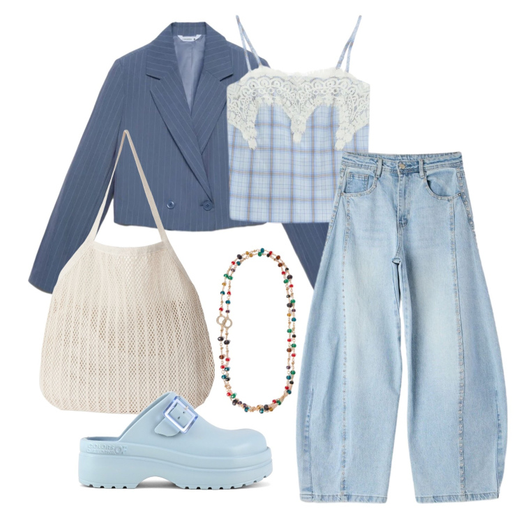 Outfit donna - Maggio. Stile Trendy per Tutti i giorni. Abbinamento con jeans, blazer, shopping bag, top, collane, zoccoli.