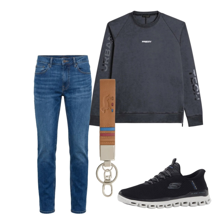 Outfit uomo - Maggio. Stile Casual per Tutti i giorni. Abbinamento con sneakers, portachiavi, jeans, felpe.
