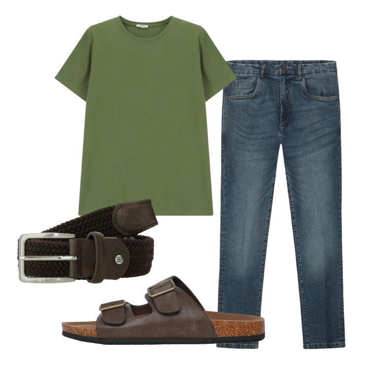 Outfit uomo - Total look #2396751. Stile Casual per Tutti i giorni. Abbinamento con sandali, cinture, t-shirt, jeans.