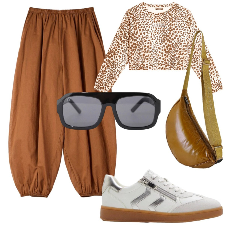 Outfit donna - Sporty chic. Stile Sporty chic per Tutti i giorni. Abbinamento con sneakers, pantaloni, occhiali da sole, borse a tracolla, felpe.