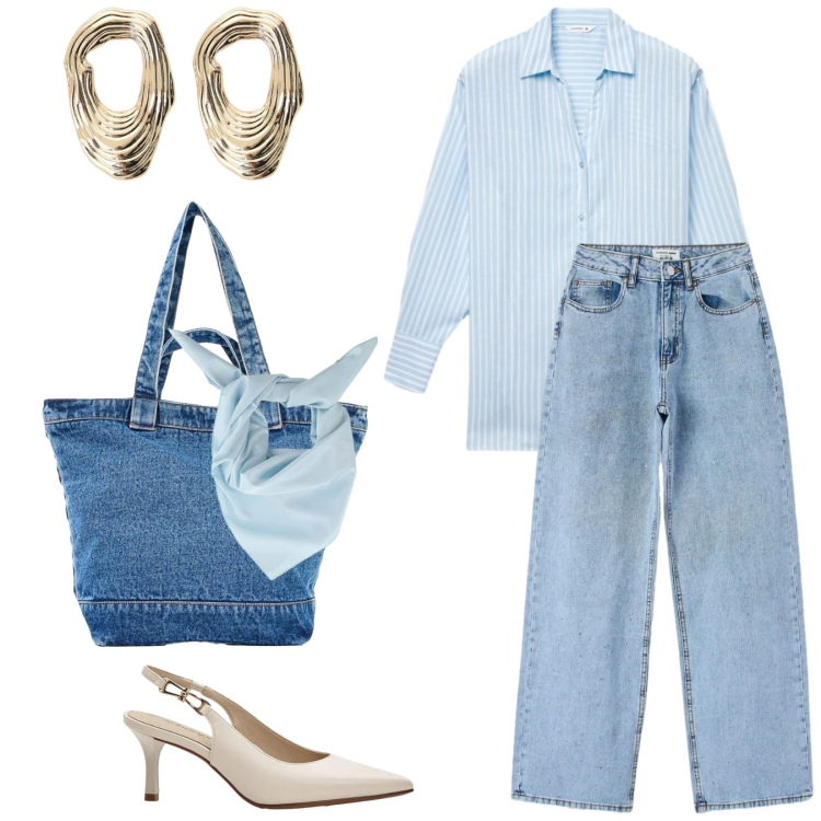 Outfit donna - Total look #2396761. Stile Chic per Tutti i giorni. Abbinamento con décolleté, shopping bag, camicie, jeans, foulard, orecchini.