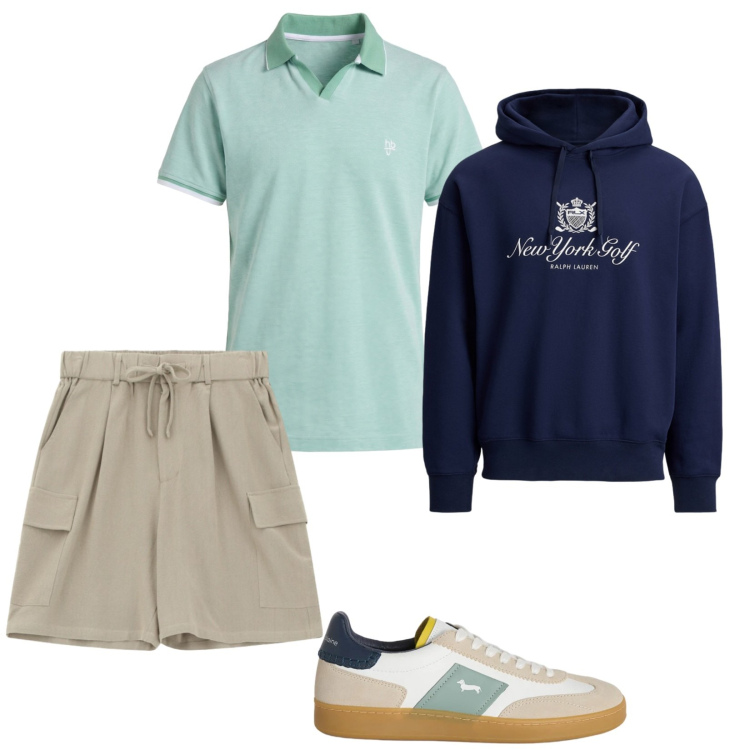 Outfit uomo - Total look #2396770. Stile Casual per Tutti i giorni. Abbinamento con bermuda, sneakers, polo, felpe con cappuccio.