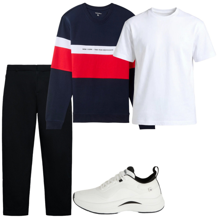 Outfit uomo - Total look #2396771. Stile Casual per Sport. Abbinamento con felpe con cappuccio, pantaloni chino, t-shirt, sneakers.