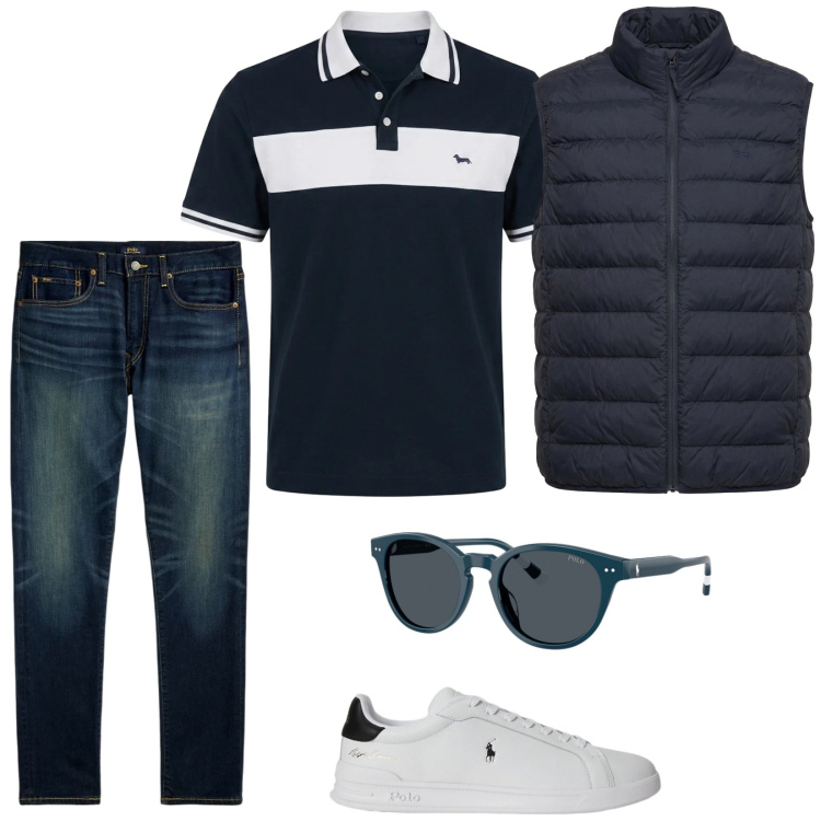 Outfit uomo - Free time. Stile Casual per Tutti i giorni. Abbinamento con piumini, polo, jeans, sneakers, occhiali da sole.