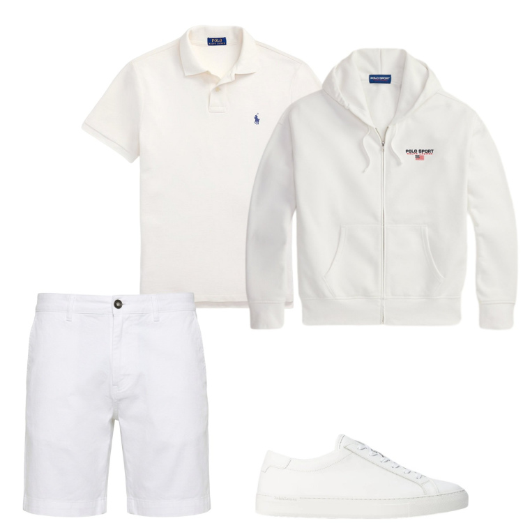 Outfit uomo - White. Stile Casual per Sport. Abbinamento con bermuda, sneakers, polo, felpe con cappuccio.