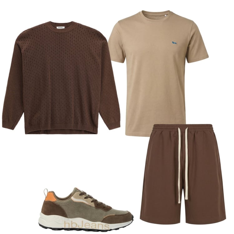 Outfit uomo - Cacao e nocciola. Stile Casual per Sport. Abbinamento con pantaloni corti, t-shirt, sneakers, maglieria.