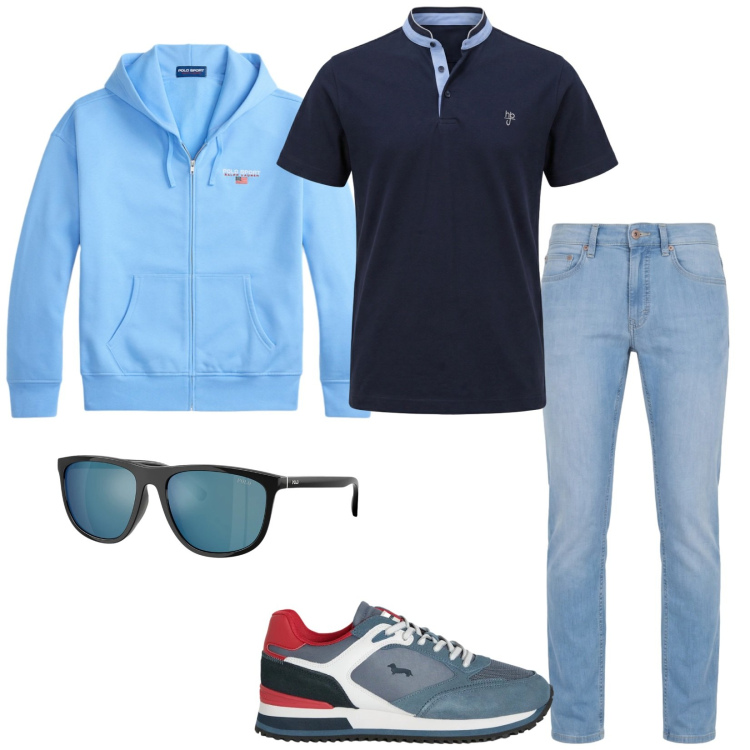 Outfit uomo - Total look #2396778. Stile Casual per Tutti i giorni. Abbinamento con jeans, polo, sneakers, felpe con cappuccio, occhiali da sole.