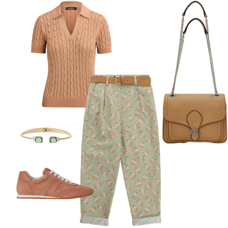 Outfit donna - Armocromia primavera soft. Stile Casual chic per Cerimonia. Abbinamento con sneakers, polo, borse a spalla, braccialetti, pantaloni chino.