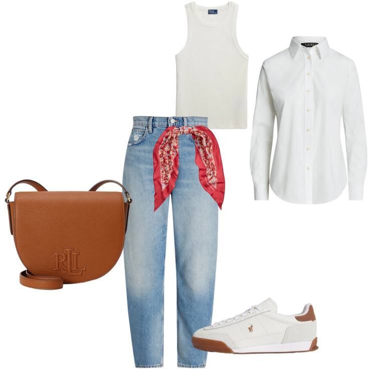Outfit donna - Casual chic intramontabile. Stile Casual chic per Tutti i giorni. Abbinamento con camicie, jeans, canottiere, sneakers, borse a tracolla, foulard.