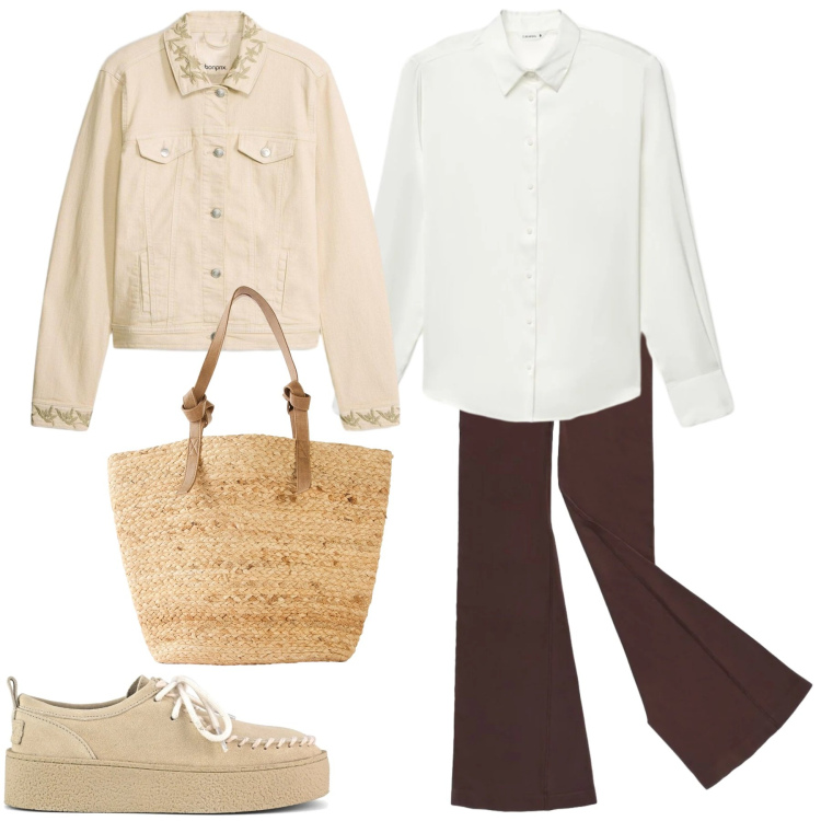 Outfit donna - Natural Chic da Città. Stile Minimal per Tutti i giorni. Abbinamento con shopping bag, cappotti, camicie, leggings, foulard, mocassini.