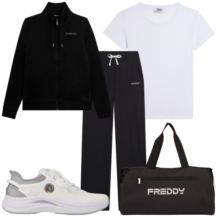 Outfit donna - Sportiva. Stile Sporty chic per Sport. Abbinamento con borse sportive, t-shirt, scarpe sportive, pantaloni sportivi, felpe sportive.