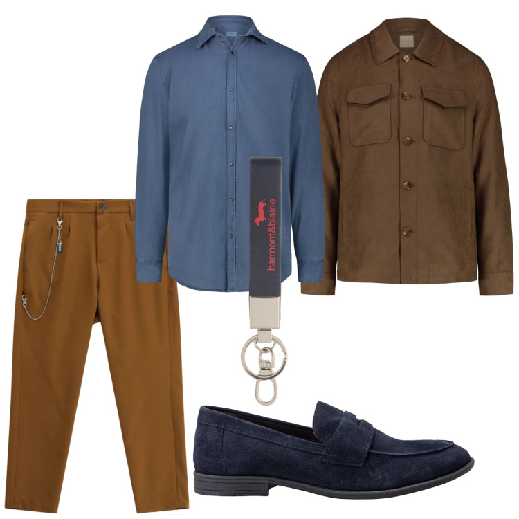 Outfit uomo - Classe e praticità. Stile Trendy per Tutti i giorni. Abbinamento con pantaloni, portachiavi, camicie, cappotti, scarpe stringate.
