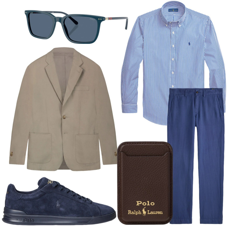 Outfit uomo - Abbinamento senza tempo. Stile Trendy per Tutti i giorni. Abbinamento con portafogli, sneakers, camicie, pantaloni, occhiali da sole, giacche.