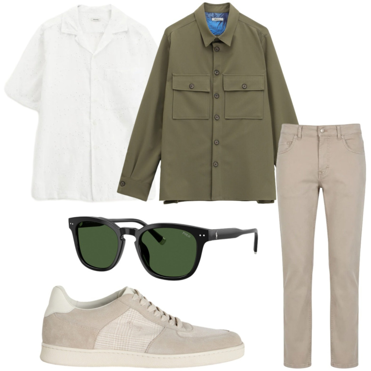 Outfit uomo - Stile moderno. Stile Casual per Tutti i giorni. Abbinamento con camicie a manica corta, camicie, sneakers, pantaloni, occhiali da sole.
