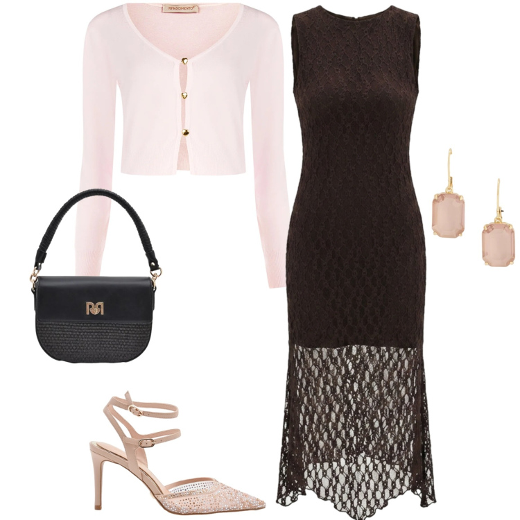 Outfit donna - Serata chic. Stile Chic per Serata fuori. Abbinamento con vestiti a tubino, borse a spalla, cardigans, décolleté, orecchini.