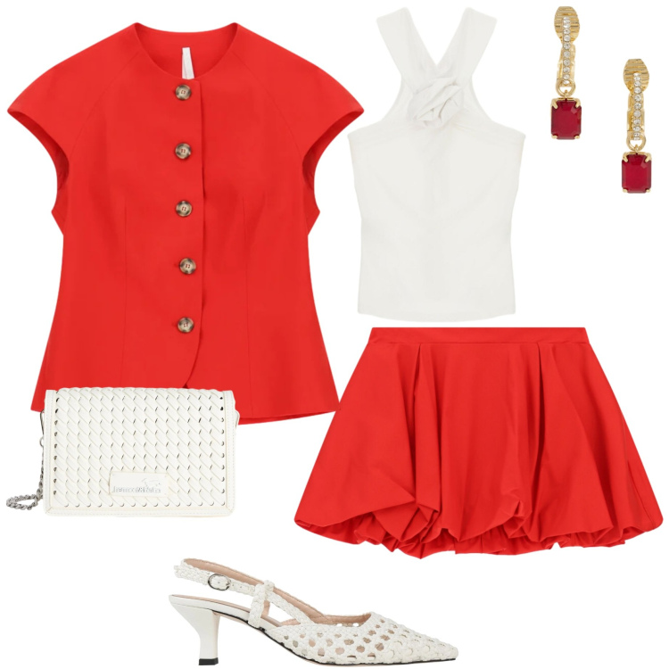 Outfit donna - Signora in rosso. Stile Sporty chic per Serata fuori. Abbinamento con décolleté, borse a tracolla, canottiere, minigonne, blazer, orecchini.