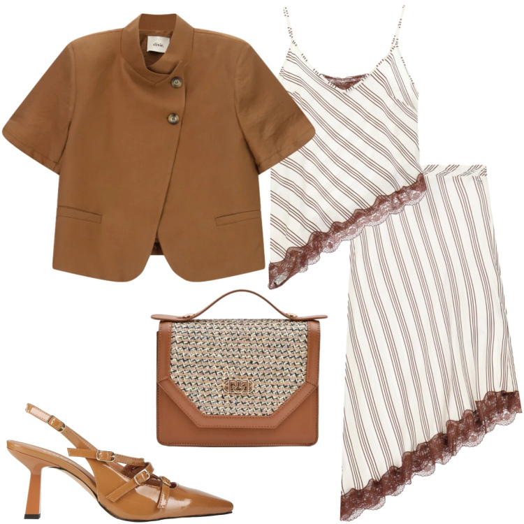 Outfit donna - Cerimonia di maggio. Stile Casual chic per Cerimonia. Abbinamento con décolleté, gonne longuette, top, pochette, blazer.