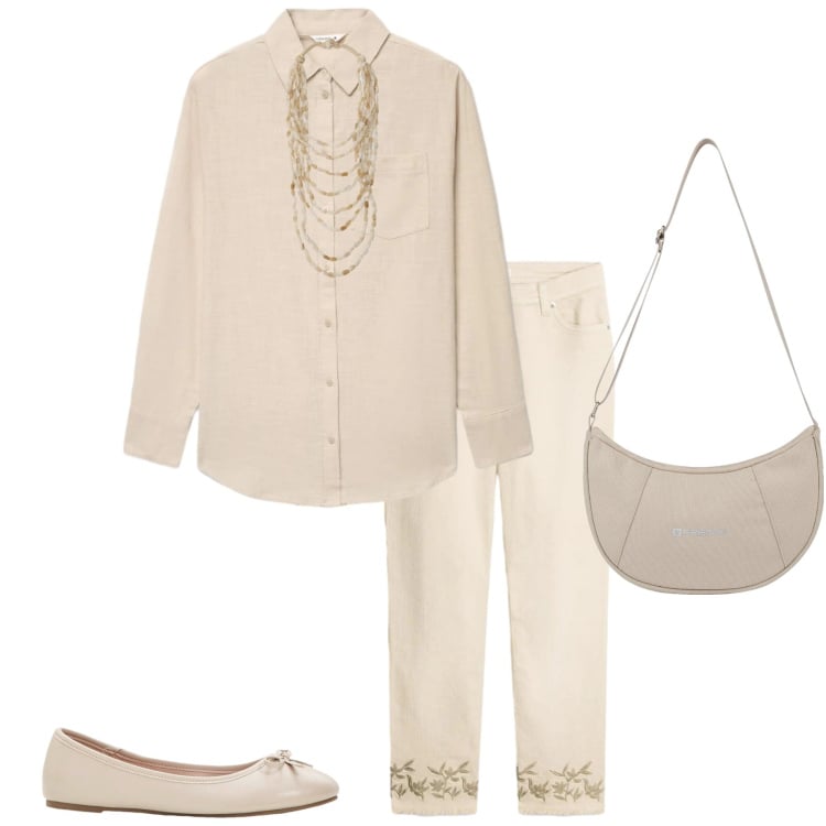 Outfit donna - Look quotidiano. Stile Basic per Tutti i giorni. Abbinamento con pantaloni, ballerine, camicie, collane, borse a spalla.