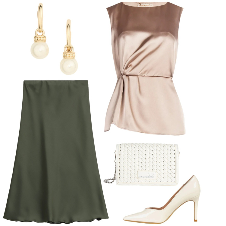 Outfit donna - Focus. Stile Chic per Cerimonia. Abbinamento con borse a tracolla, bluse, décolleté, gonne lunghe, orecchini.