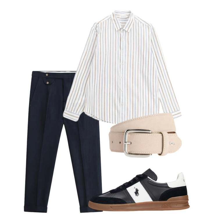 Outfit uomo - Tocco chic. Stile Casual per Tutti i giorni. Abbinamento con pantaloni, camicie, cinture, sneakers.