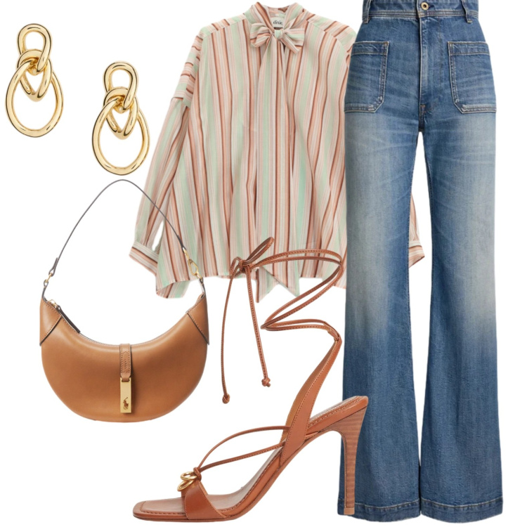 Outfit donna - Like Charlie\'s angels. Stile Glamour per Tutti i giorni. Abbinamento con camicie, orecchini, sandali in pelle, jeans bootcut, borse a spalla.