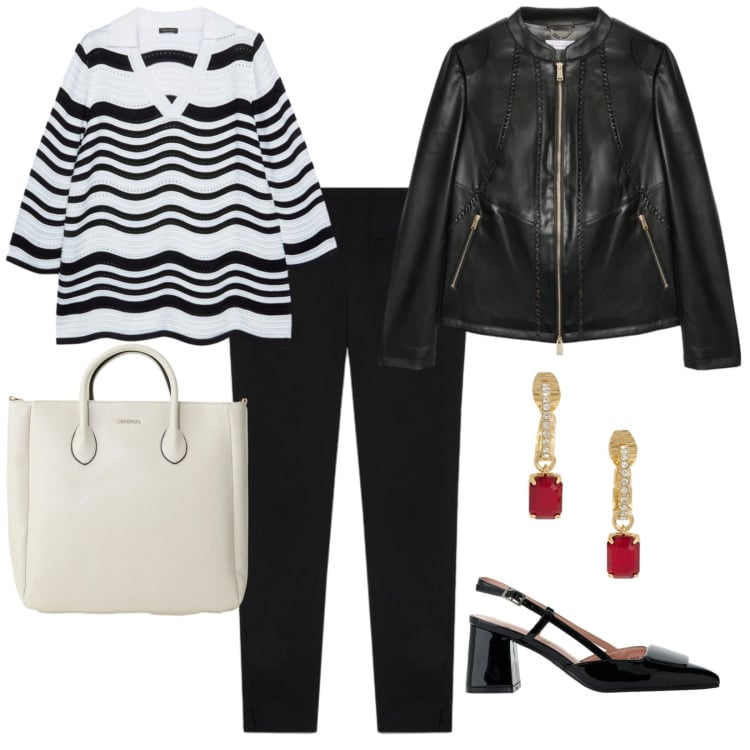Outfit donna - A lavoro con un tocco di rosso. per Ufficio. Abbinamento con borse a tracolla, décolleté, blazer, maglieria, pantaloni skinny, orecchini.