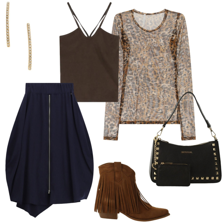 Outfit donna - Outfit Imperial. per Tutti i giorni. Abbinamento con t-shirt, canottiere, stivaletti texani, gonne longuette, borse a spalla, orecchini.