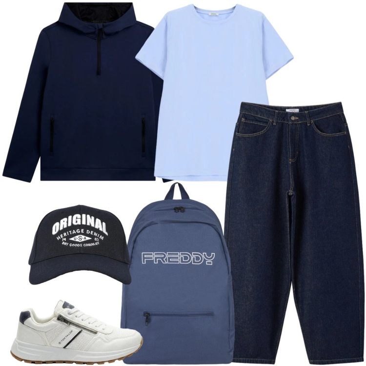 Outfit uomo - Total look #2396850. Stile Casual per Tutti i giorni. Abbinamento con sneakers, cappelli con visiera, jeans, t-shirt, felpe con cappuccio, borse sportive.