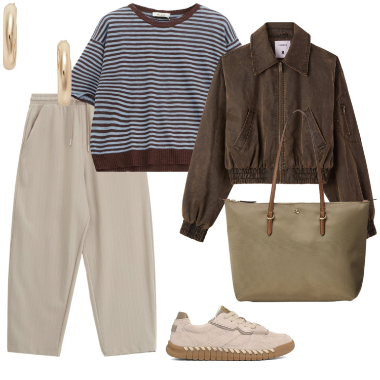 Outfit donna - Praticità. per Tutti i giorni. Abbinamento con bomber, pantaloni, maglieria, orecchini, borse tote, sneakers.