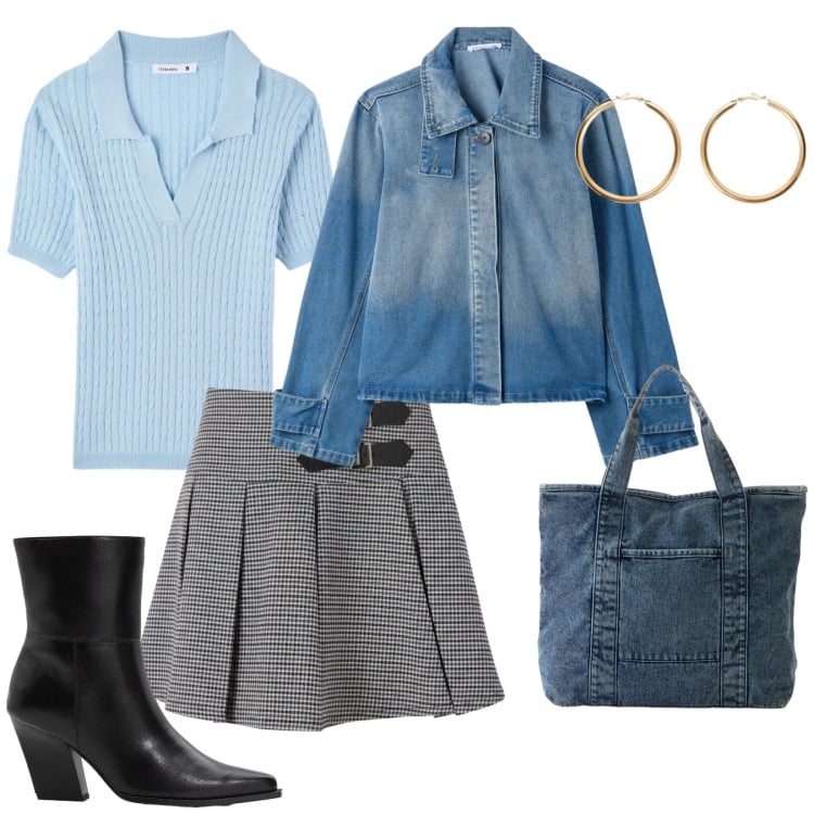 Outfit donna - City. per Tutti i giorni. Abbinamento con shopping bag, stivaletti, minigonne, polo, cappotti, orecchini.