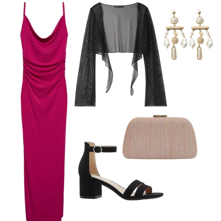Outfit donna - Cerimonia in lungo. per Cerimonia. Abbinamento con sandali col tacco, blazer, vestiti lunghi, pochette, orecchini.