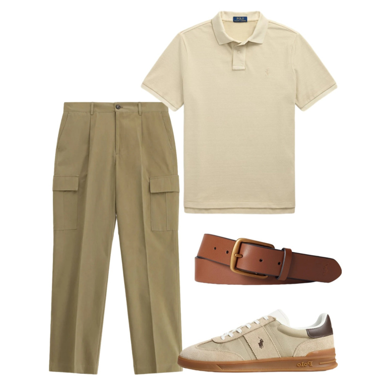Outfit uomo - Polo e cargo. Stile Casual per Tutti i giorni. Abbinamento con pantaloni cargo, cinture, sneakers, polo.