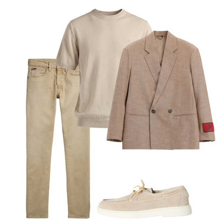 Outfit uomo - Total beige. Stile Casual per Tutti i giorni. Abbinamento con giacche, scarpe stringate, t-shirt, jeans.