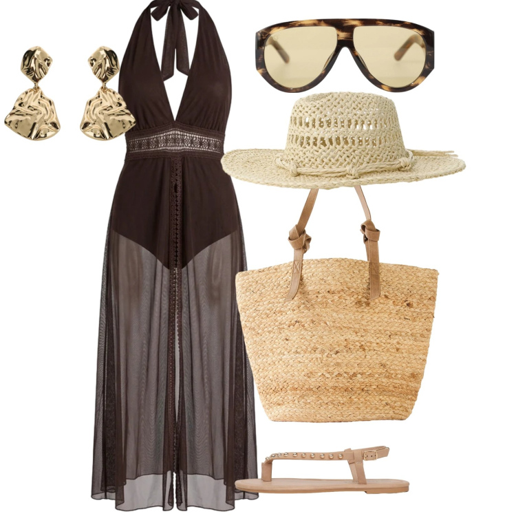 Outfit donna - Vista mare. per Mare. Abbinamento con shopping bag, ciabatte, vestiti lunghi, cappelli, occhiali da sole, orecchini.