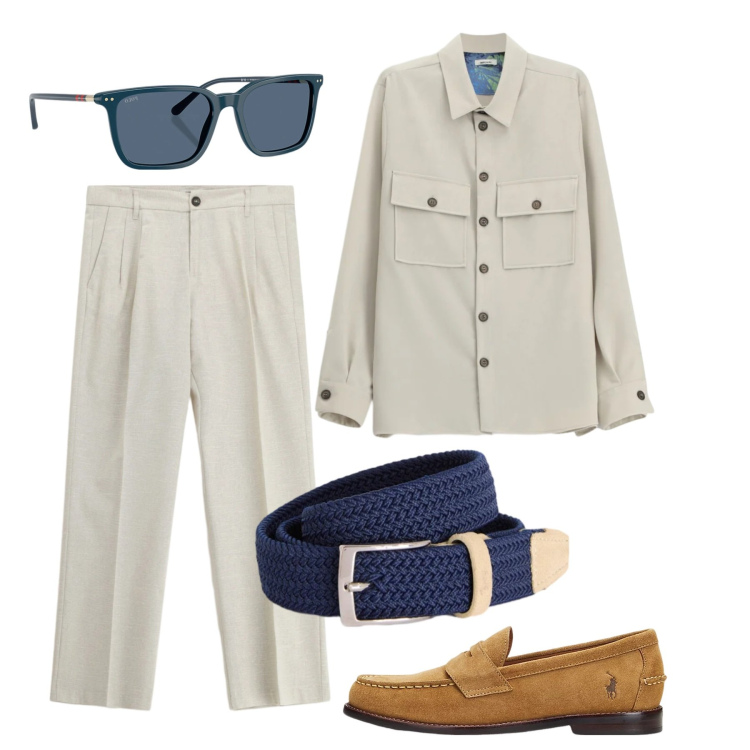 Outfit uomo - Maggio. Stile Casual per Tutti i giorni. Abbinamento con camicie, pantaloni, cinture, scarpe stringate, occhiali da sole.