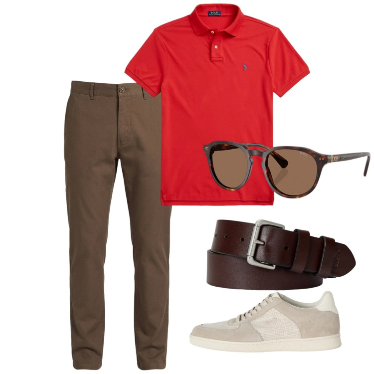 Outfit uomo - Maggio. Stile Casual per Tutti i giorni. Abbinamento con sneakers, pantaloni, cinture, polo, occhiali da sole.