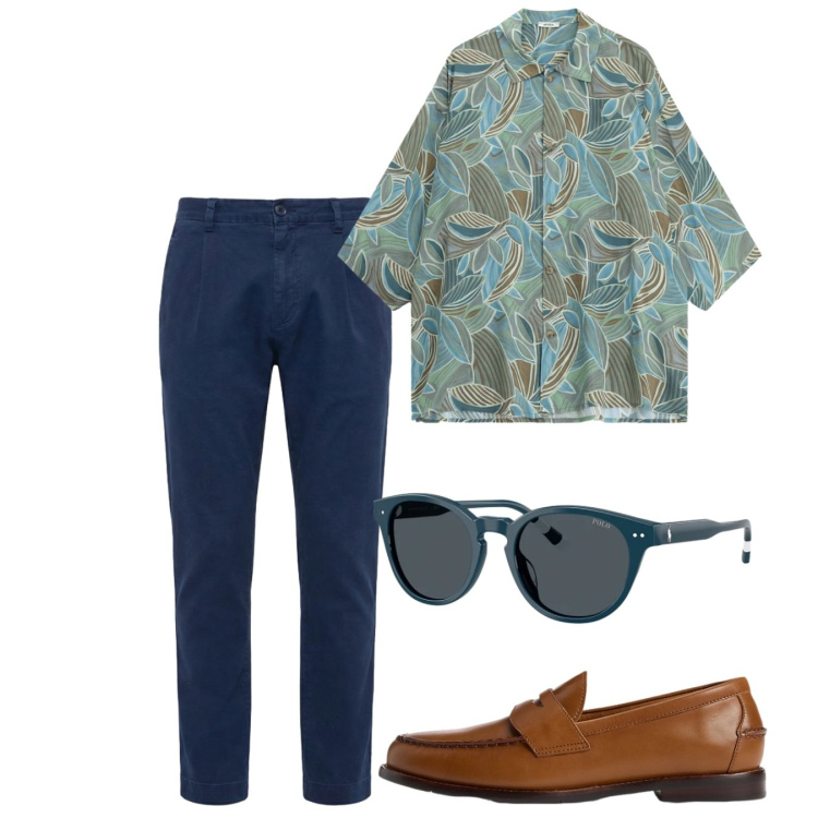 Outfit uomo - Primavera inoltrata. Stile Casual per Tutti i giorni. Abbinamento con camicie a manica corta, pantaloni, scarpe stringate, occhiali da sole.