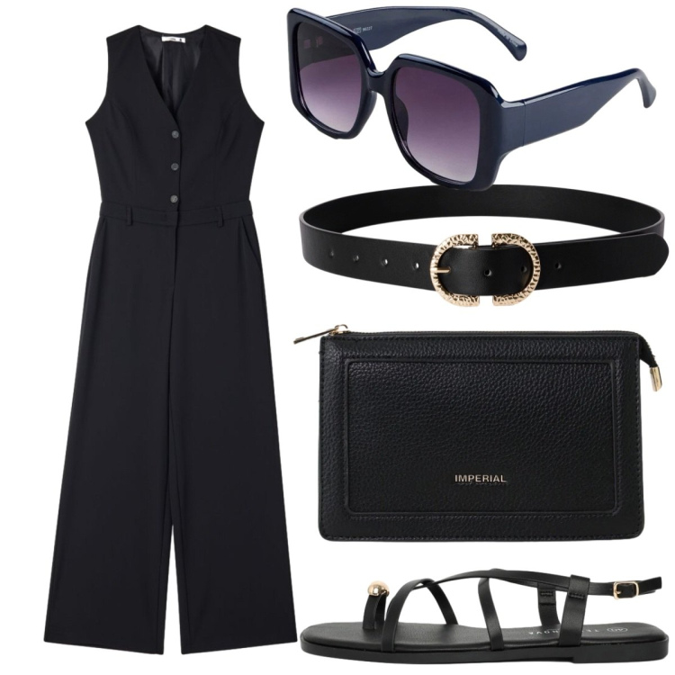Outfit donna - Total black. Stile Chic per Cerimonia. Abbinamento con occhiali da sole, tute, cinture, sandali, borse a tracolla.