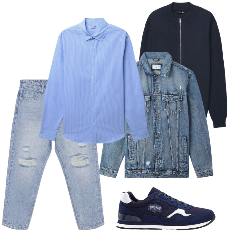 Outfit uomo - Total look #2396874. Stile Trendy per Tutti i giorni. Abbinamento con sneakers, giacche, camicie, cardigans, jeans strappati.