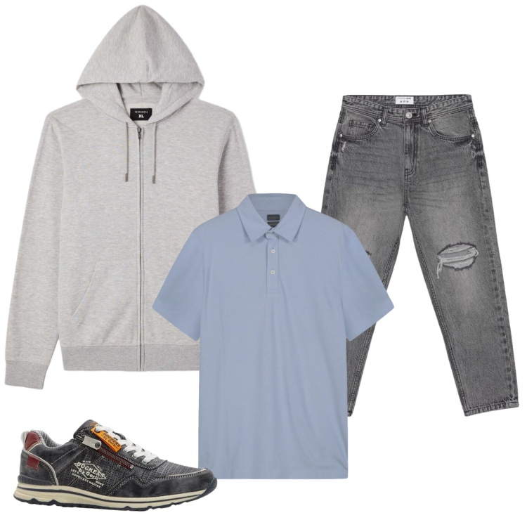 Outfit uomo - Total look #2396876. Stile Urban per Tutti i giorni. Abbinamento con sneakers, jeans strappati, felpe con cappuccio, polo.
