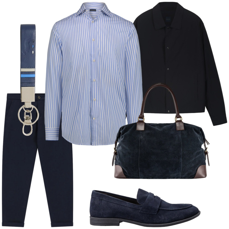 Outfit uomo - Direzione congresso. Stile Business/Elegante per Ufficio. Abbinamento con portachiavi, pantaloni, cappotti, camicie, scarpe stringate, borse sportive.