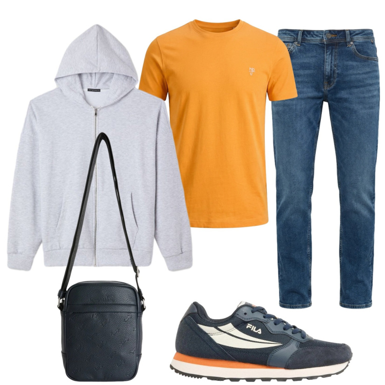 Outfit uomo - A lezione. Stile Urban per Tutti i giorni. Abbinamento con sneakers, felpe con cappuccio, borse sportive, t-shirt, jeans.