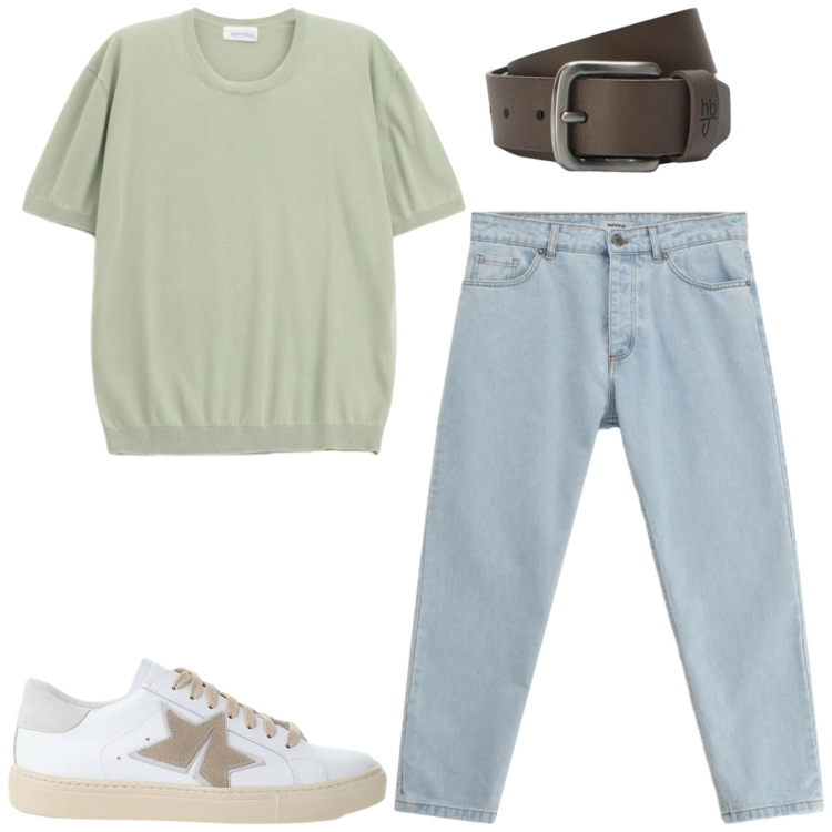 Outfit uomo - Maggio. Stile Casual per Tutti i giorni. Abbinamento con cinture, t-shirt, jeans, sneakers.
