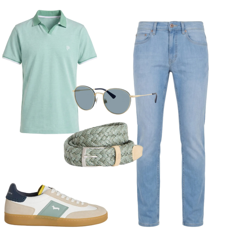 Outfit uomo - Maggio. Stile Casual per Tutti i giorni. Abbinamento con jeans, cinture, sneakers, polo, occhiali da sole.