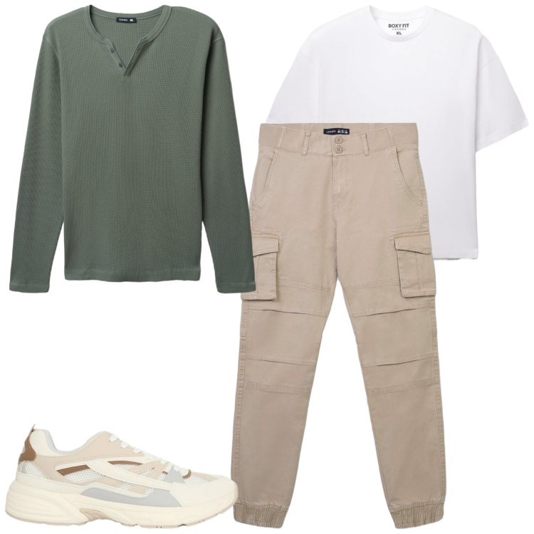 Outfit uomo - Maggio. Stile Casual per Tutti i giorni. Abbinamento con pantaloni cargo, t-shirt, sneakers, t-shirt.