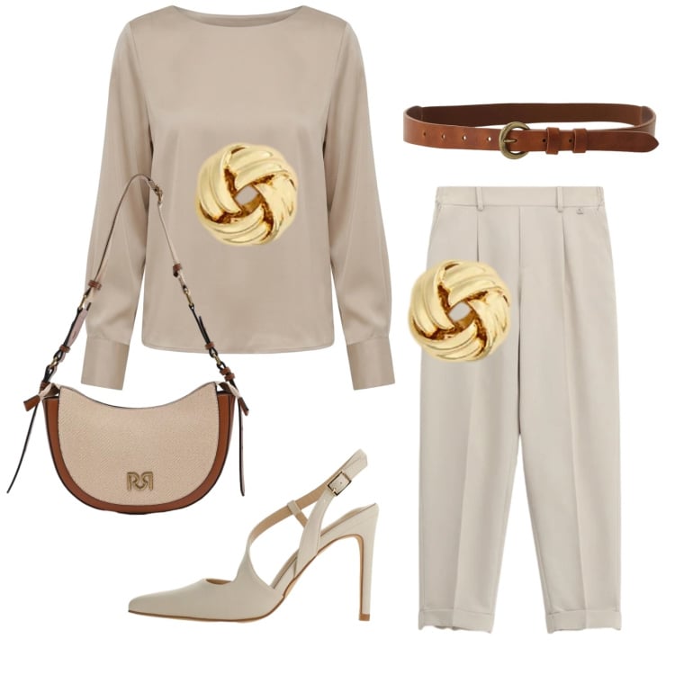 Outfit donna - Lunedì mattina. Stile Chic per Ufficio. Abbinamento con décolleté, borse a tracolla, bluse, pantaloni, cinture, orecchini.