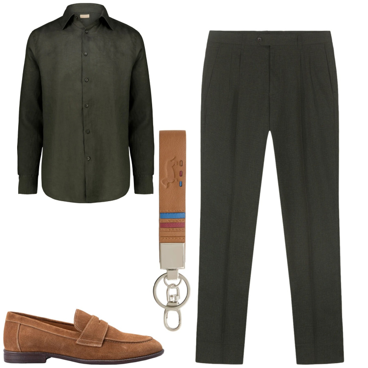 Outfit uomo - Green. Stile Urban per Tutti i giorni. Abbinamento con portachiavi, camicie, pantaloni, scarpe stringate.